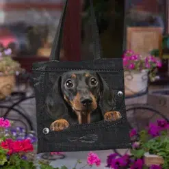 Tote Bag Dachshund In The Black Pocket Denim Style | Tote Bag Pets