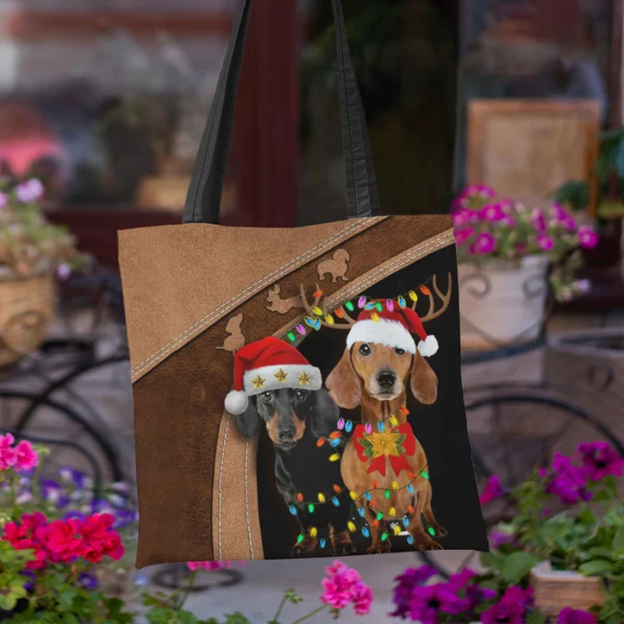 Tote Bag Dog Dachshund Christmas Leather Style | Tote Bag Pets