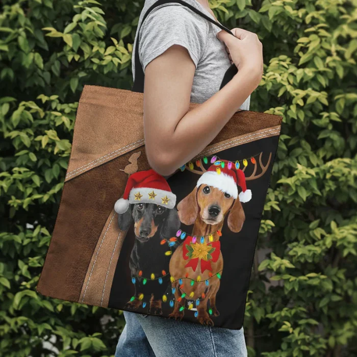 Tote Bag Dog Dachshund Christmas Leather Style | Tote Bag Pets