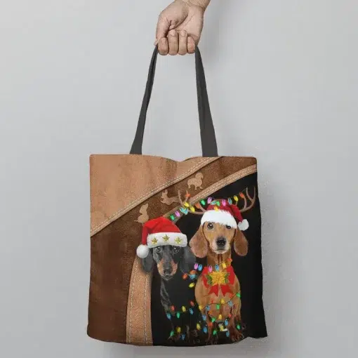 Tote Bag Dog Dachshund Christmas Leather Style | Tote Bag Pets