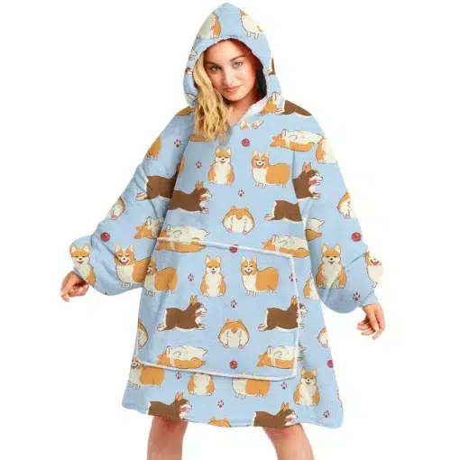 Sherpa Hoodie Blanket Couple Corgi | Blanket Hoodie