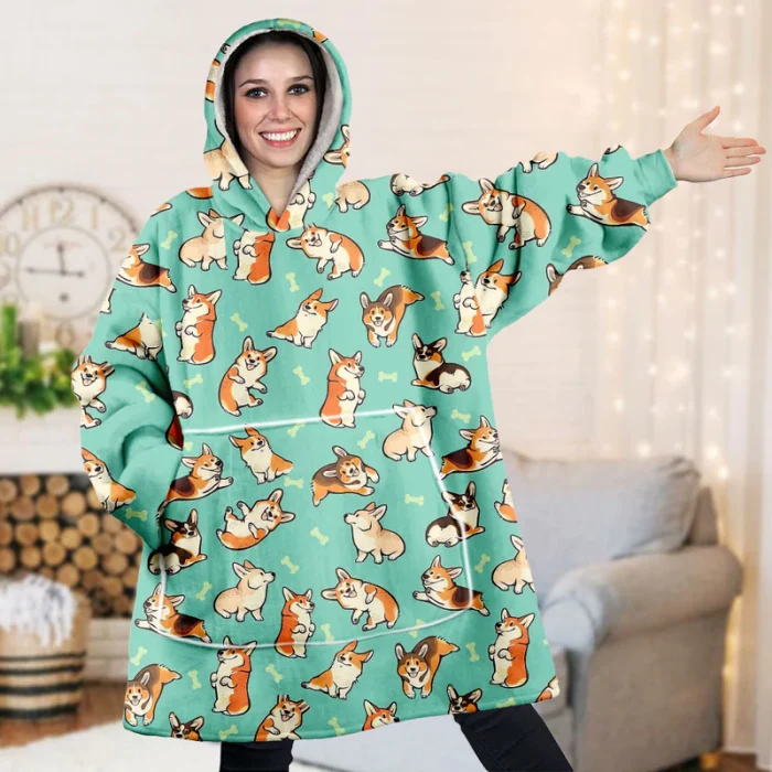 Sherpa Hoodie Blanket Corgi Jolly Happy Pattern Style | Blanket Hoodie