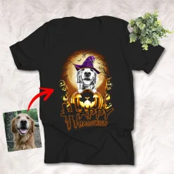 Custom Dog T Shirt Happy Halloween Witch Dog With Full Moon Halloween Shirt
