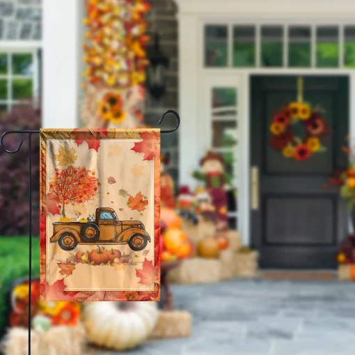 Dog Garden Flag Corgi Pumpkins Truck Autumn Leaf Garden Flag, Fall thanksgiving House Flag