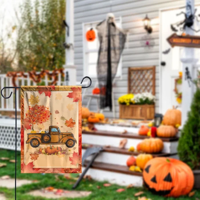 Dog Garden Flag Corgi Pumpkins Truck Autumn Leaf Garden Flag, Fall thanksgiving House Flag