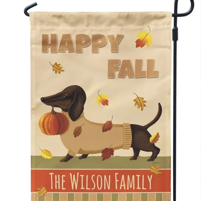 Dog Garden Flag Fall, Happy Fall Sweater Dachshund Personalized