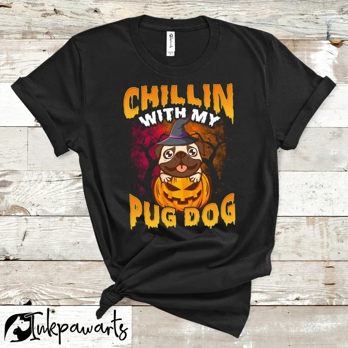 Dog T Shirt Chillin With My Pug Dog Cute Pug Halloween Jack O Lantern
