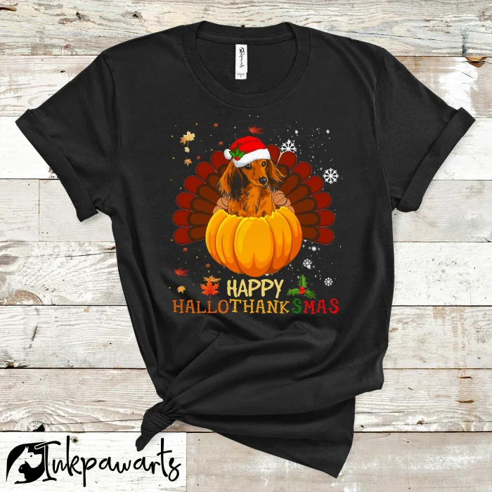Dog T Shirt Cute Dachshund Halloween And Merry Christmas Happy Hallothanksmas