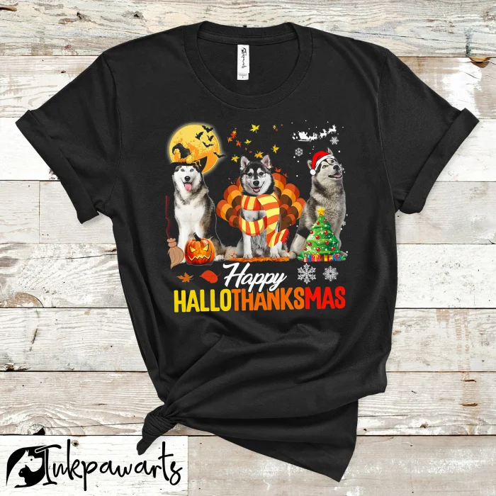 Dog T Shirt Husky Dog Happy Hallothanksmas Halloween Thanksgiving Xmas