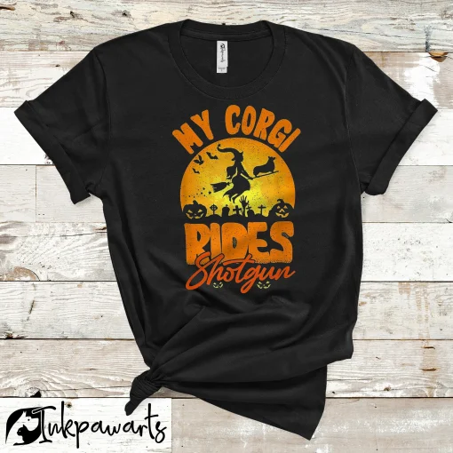 Halloween Corgi T-Shirts My Corgi Rides Shotgun Halloween Witch Dog