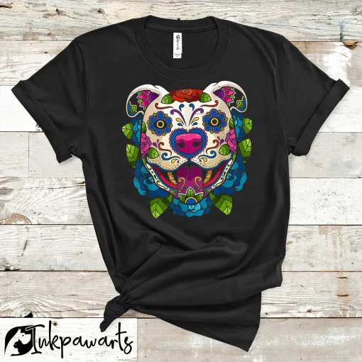 Inkpawarts.com Dog T Shirt PitBull Sugar Skull Mexico Pitbull Halloween