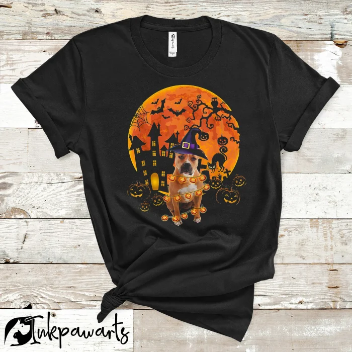 Dog T Shirt Pitbull Pumpkin Lights Halloween Awesome