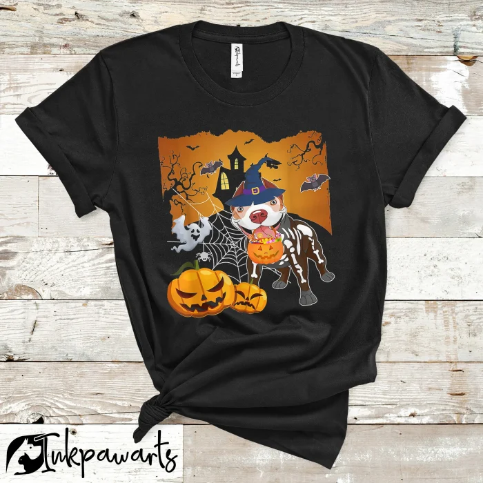 Dog T Shirt Pitbull Skeleton Dog Pumpkin Halloween Costume