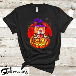 Dog T Shirt Pitbull Witch Pumpkin And Moon Halloween