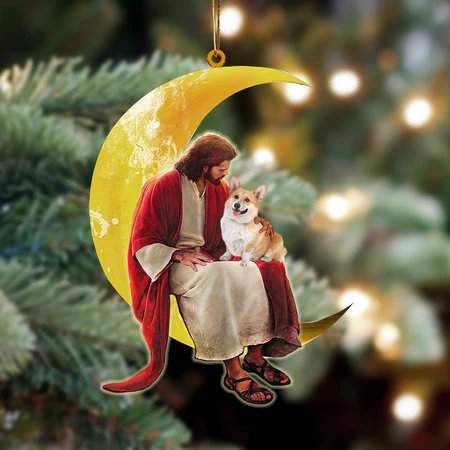 Corgi Christmas Ornament Corgi And Jesus Sitting On The Moon Hanging