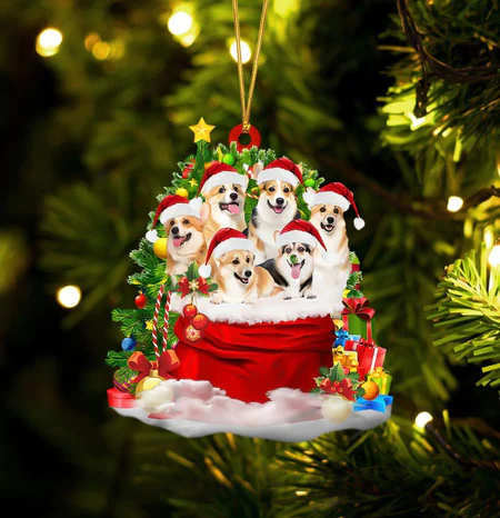 Corgi Christmas Ornament Welsh Corgi Dogs In A Gift Bag Christmas Ornament Flat