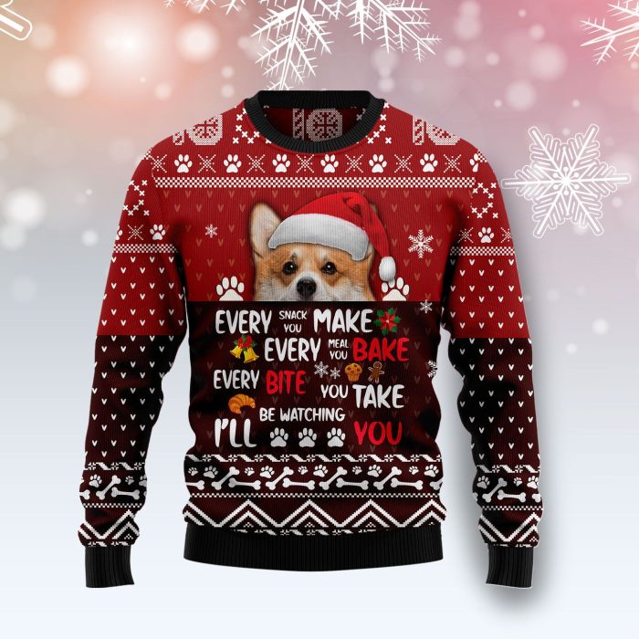 Corgi Dog Christmas Sweater Pembroke Welsh Corgi Will Be Watching You Ugly Christmas Sweater