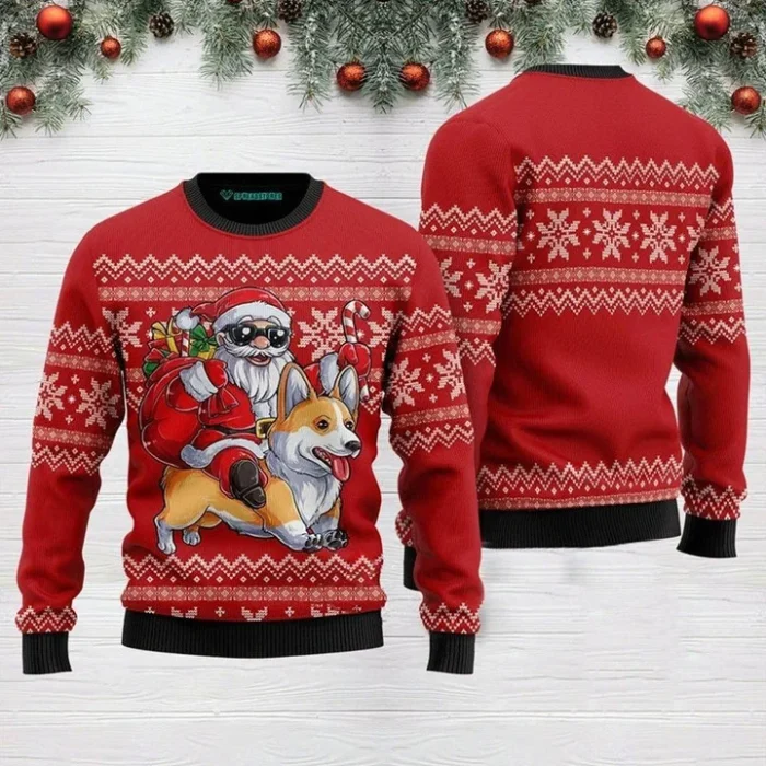 Corgi Dog Christmas Sweater Santa Riding Corgi Ugly Christmas Sweater