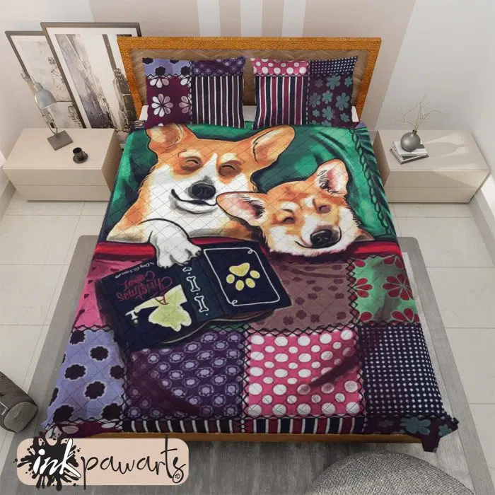 Corgi Mom and Son Daughter With Book Corgi Bedding Set