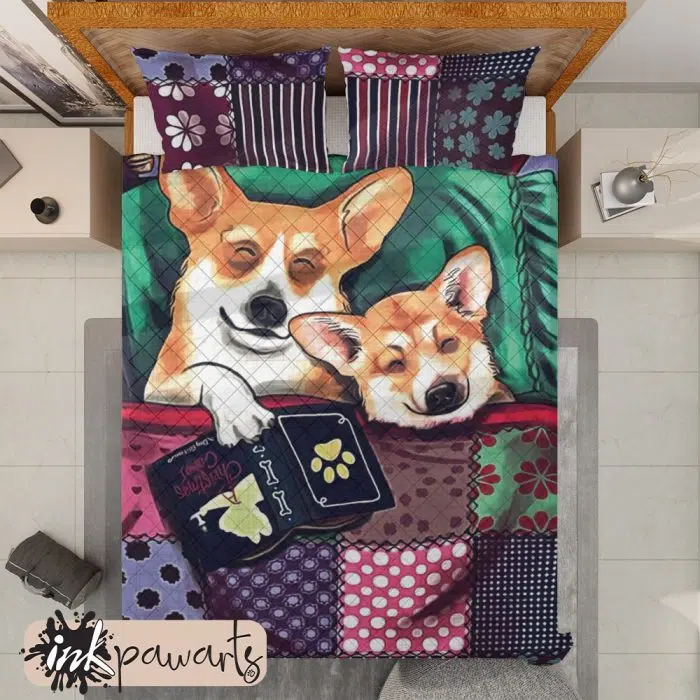 Corgi Mom and Son Daughter With Book Corgi Bedding Set