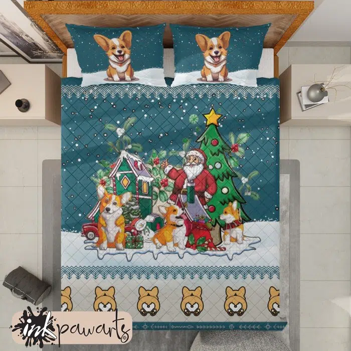 Corgi Bedding Set Christmas Santa Claus and Corgi House