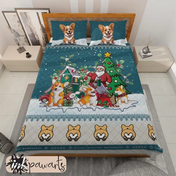 Corgi Bedding Set Christmas Santa Claus and Corgi House